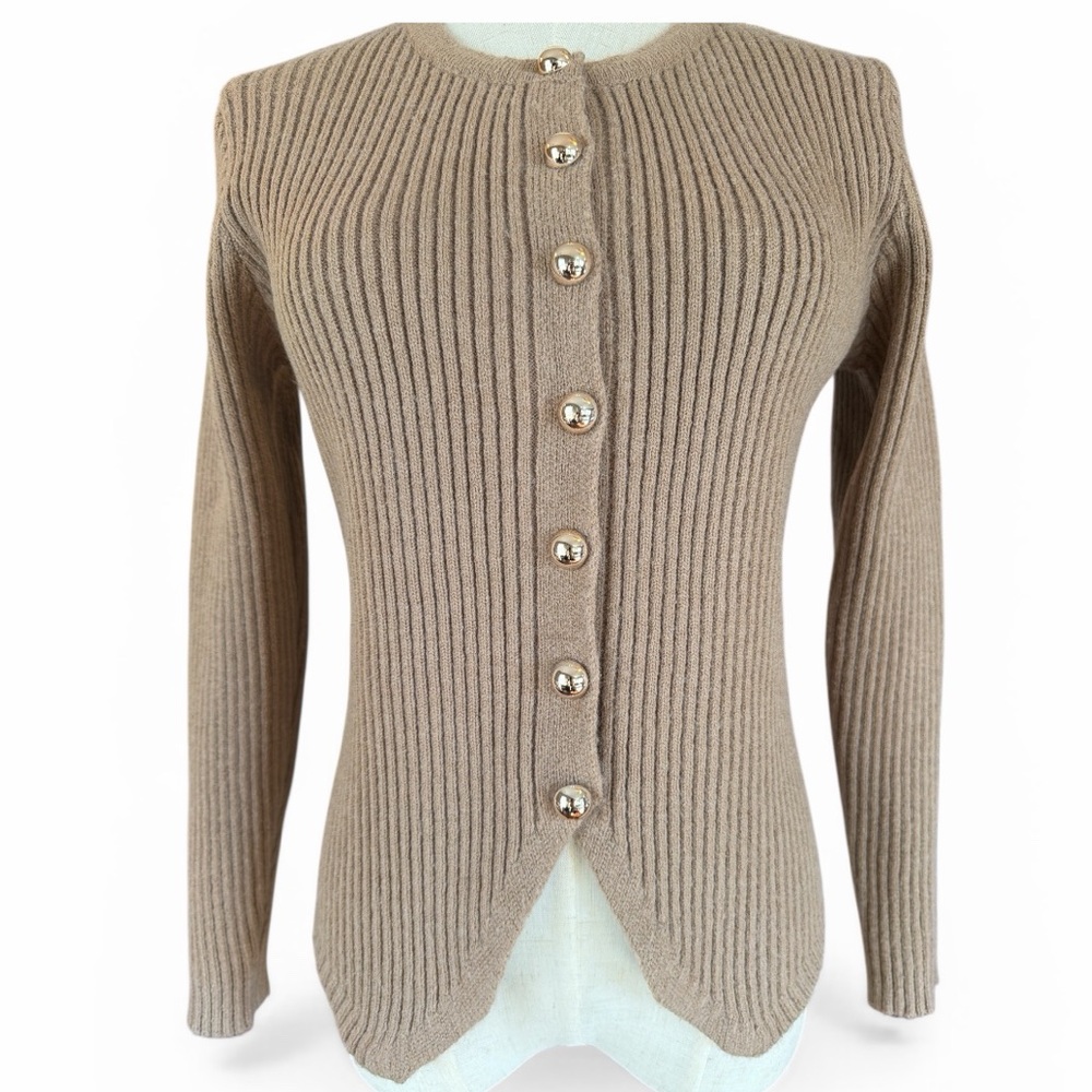 Commense Ribbed Cardigan Camel Button Front Split Hem Minimalist Size S - Picture 4 of 12